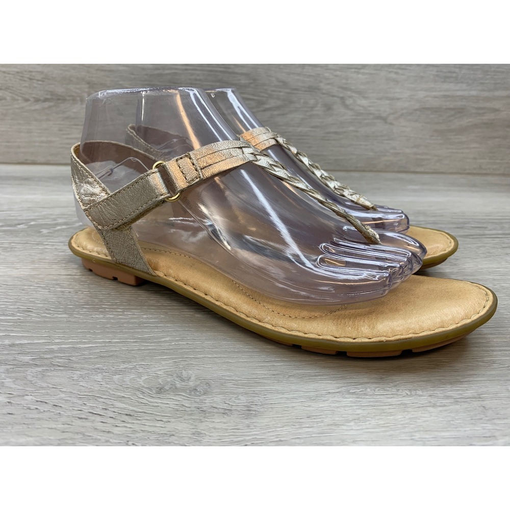 Born Women's Mai Gold Metallic Leather Braided T-Strap Flat Sandals 8 Shoes